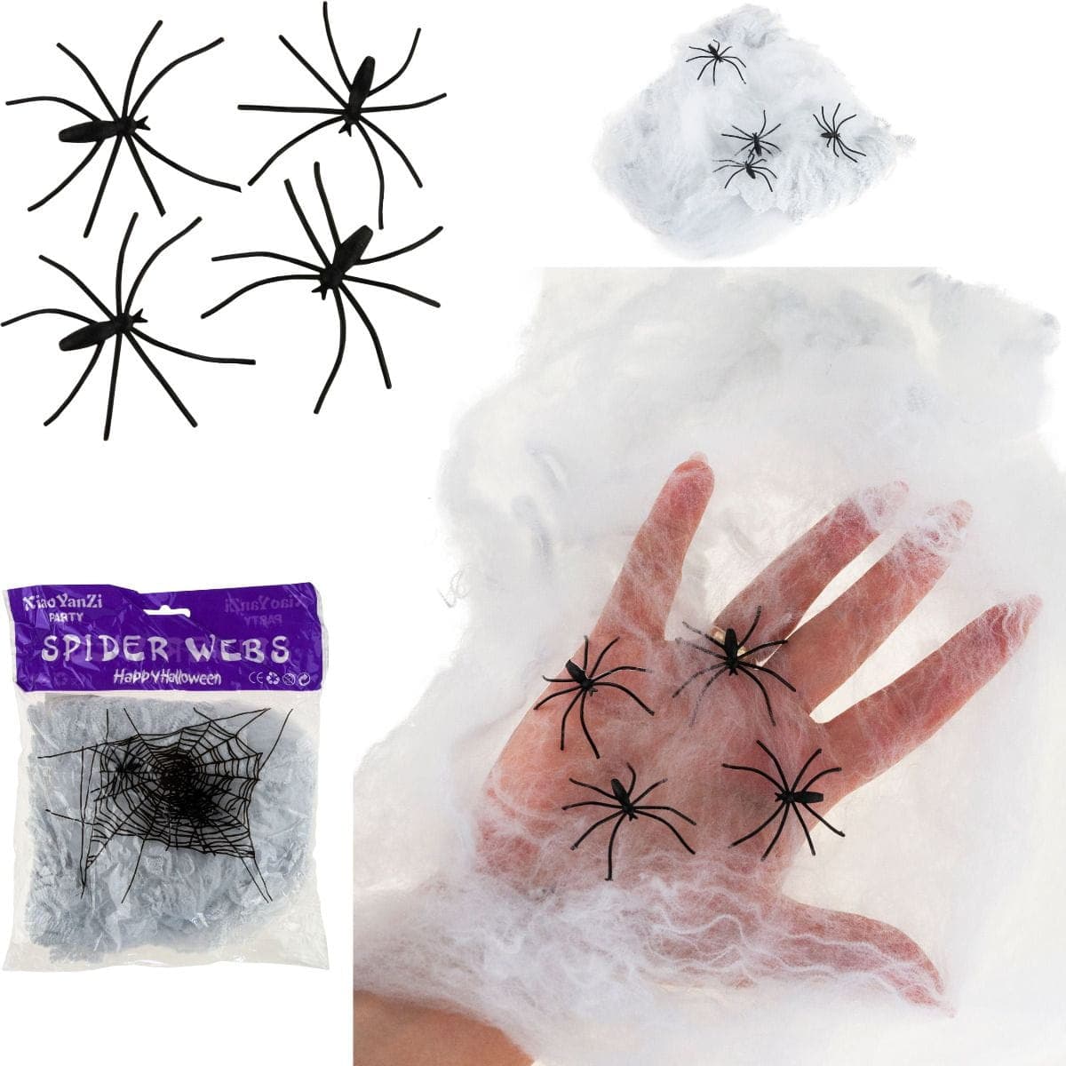 Pajęczyna z pająkami – dekoracja Halloween (4 szt.)