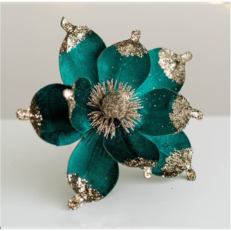 Kwiat na choinkę ozdoba świąteczna XXL 20 cm zielono-złoty brokat cekiny