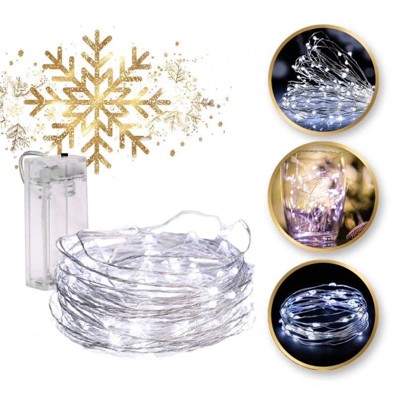 Lampki na druciku 20 LED zimne białe – światełka dekoracyjne na baterie