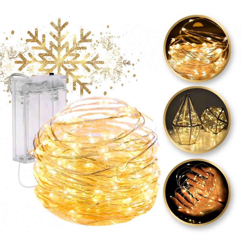 Lampki na druciku 50 LED ciepłe białe – światełka dekoracyjne na baterie 5 m