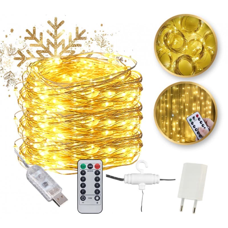 Kurtyna świetlna LED 3x3 m ciepły biały – 300 lampek z pilotem i programatorem