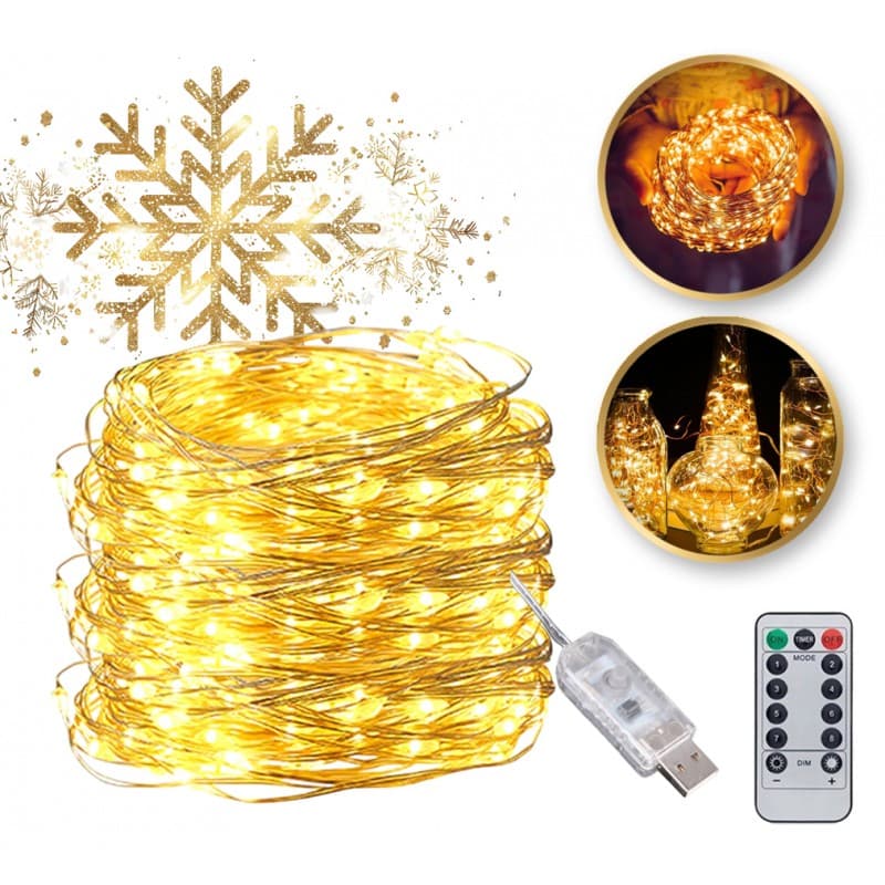 Lampki na druciku 100 LED ciepłe białe USB z pilotem – światełka dekoracyjne 10 m