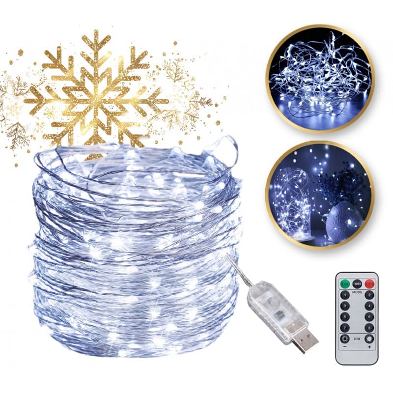 Lampki na druciku 200 LED zimne białe USB z pilotem – światełka dekoracyjne 20 m