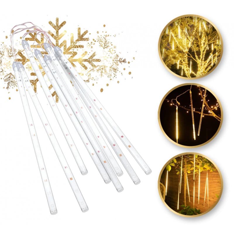 Lampki zewnętrzne padający śnieg – sople LED meteory 8 tub transparentny kabel