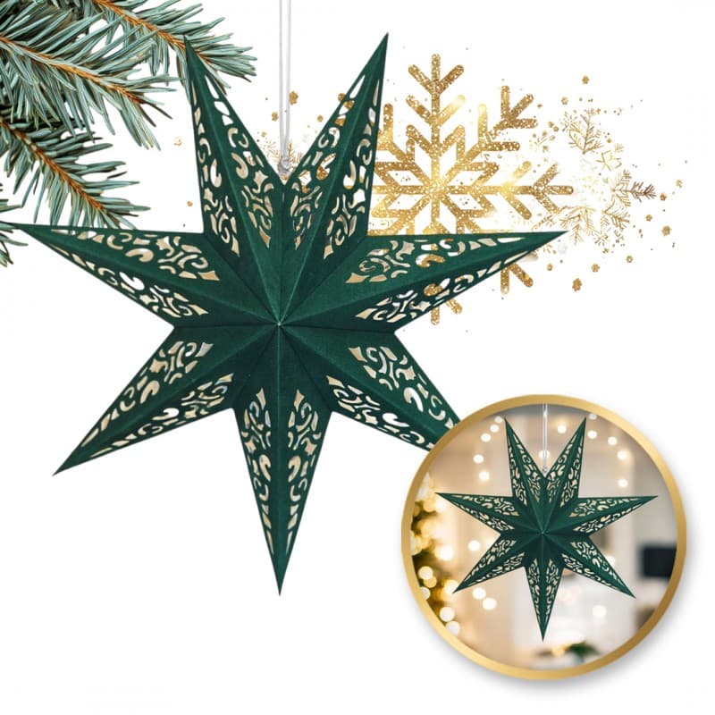 Duża gwiazda papierowa świąteczna ażurowa zielona 35 cm witraż 3D